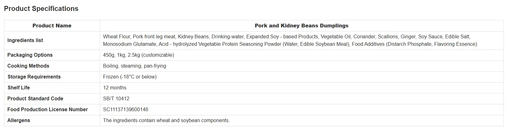 Pork and Kidney beans dumplings Specifications